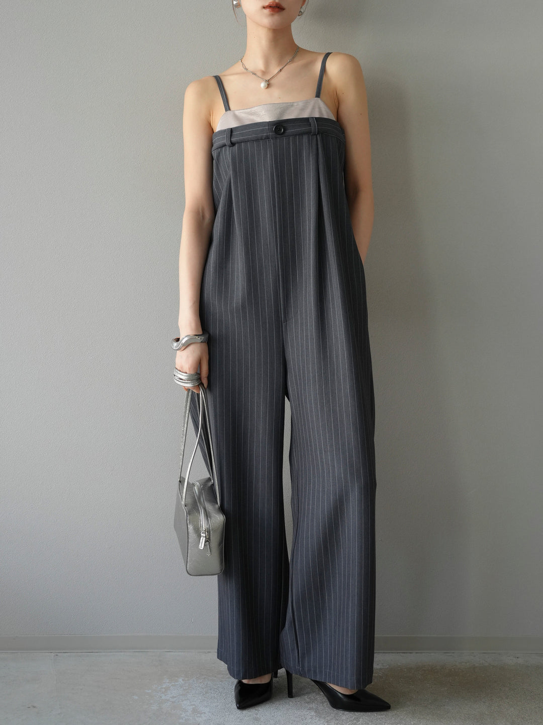 [予約]サテン切替ピンストライプサロペット/グレー