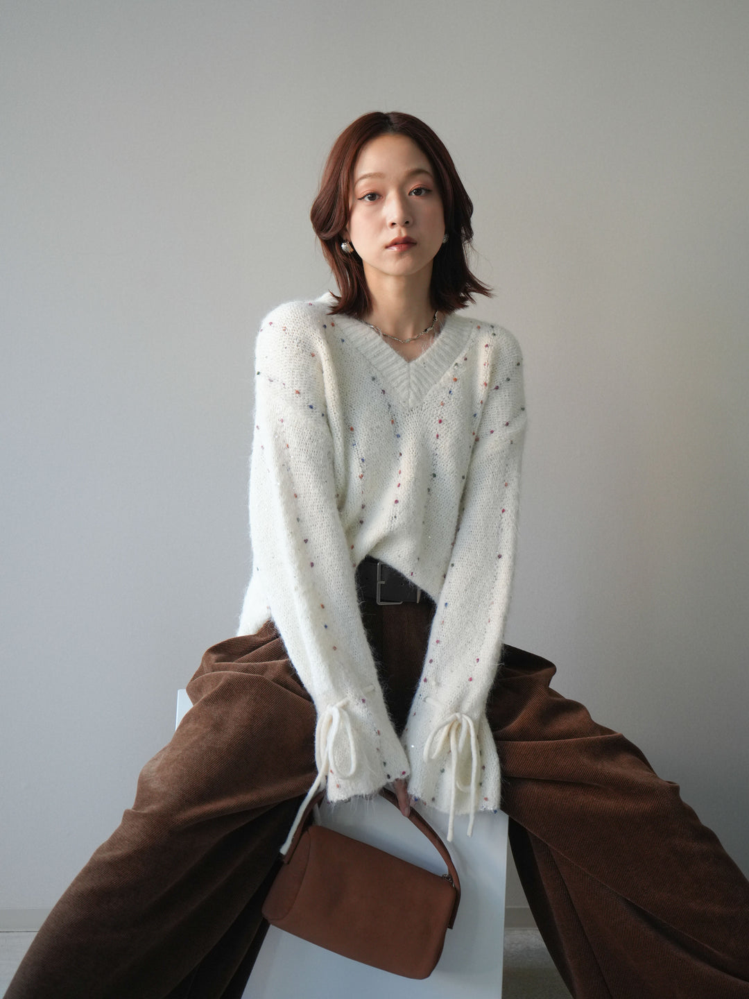 [SET]キャンディースリーブカラーネップスパンコールニットプルオーバー+ベルトデザインループコールテンワイドパンツ(ベルト付き)(2set)