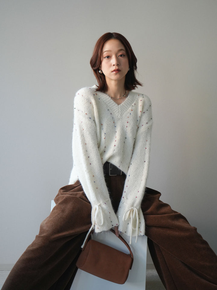 [SET]キャンディースリーブカラーネップスパンコールニットプルオーバー+ベルトデザインループコールテンワイドパンツ(ベルト付き)(2set)