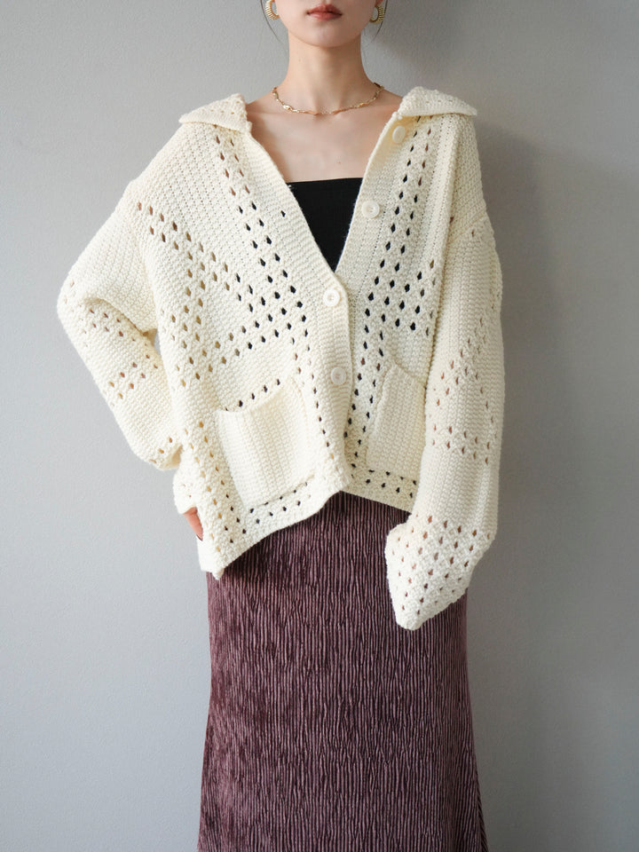 [予約]丸襟透かし編みニットカーディガン/オフ