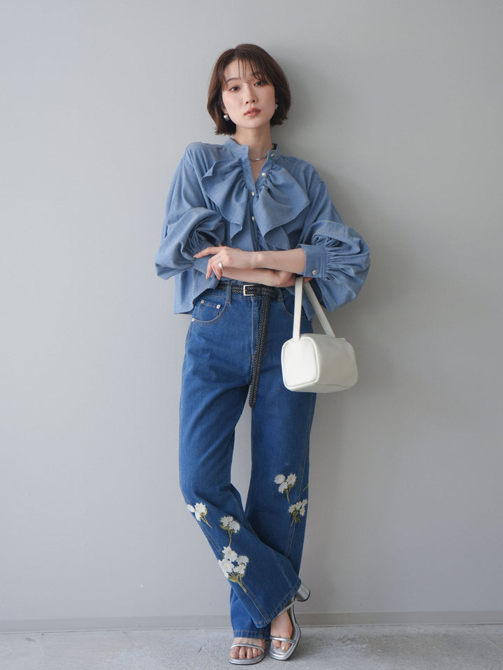 [SET]ラッフルフレアショートブラウス+フラワー刺繍ストレートデニム(2set)