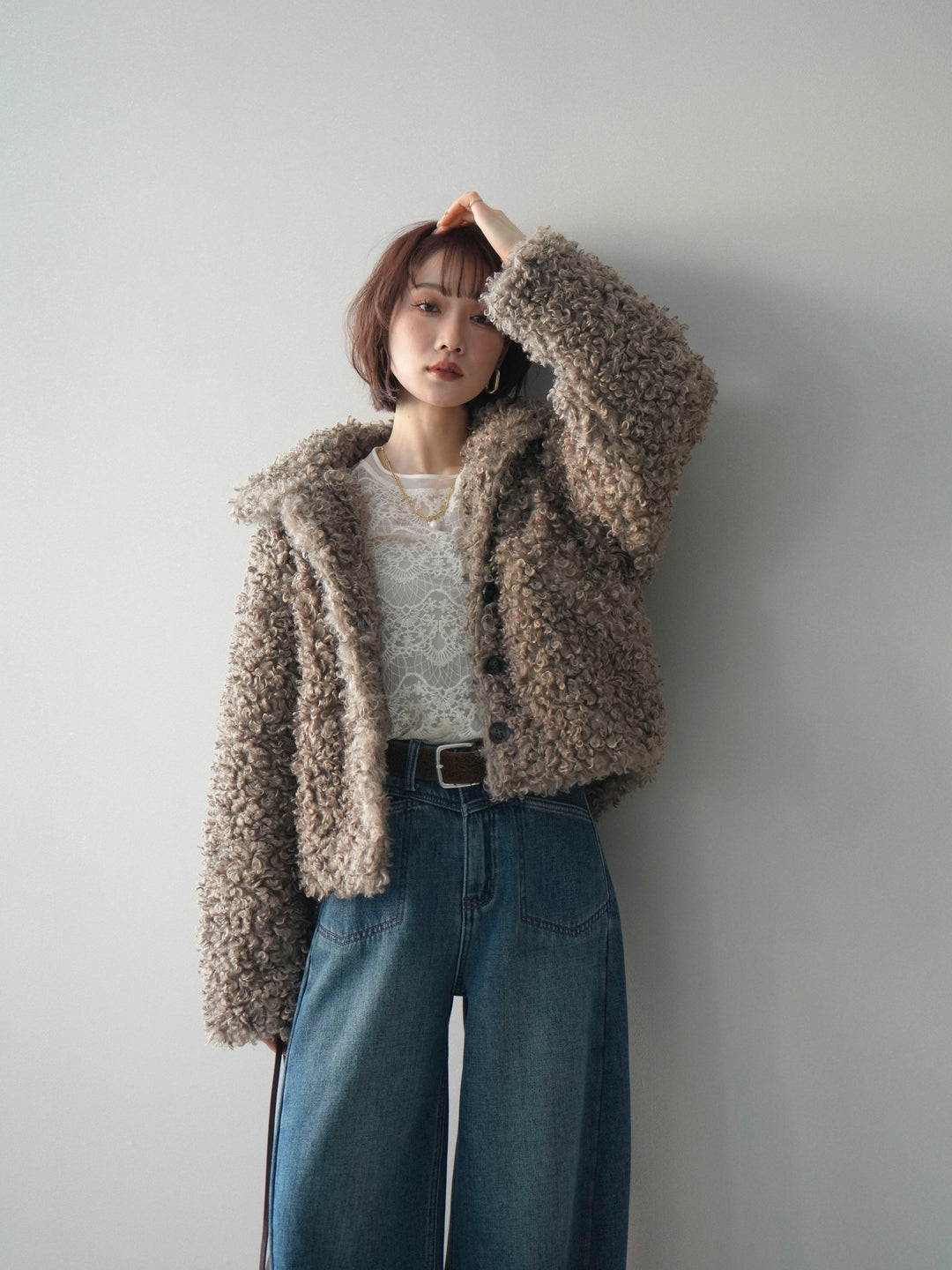 [SET]プードルファーミドルスタンドブルゾン+チュールレーストップス+ベルト付裏起毛カーブデニムパンツ(3set)