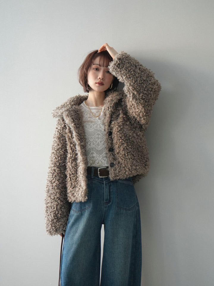 [SET]プードルファーミドルスタンドブルゾン+チュールレーストップス+ベルト付裏起毛カーブデニムパンツ(3set)