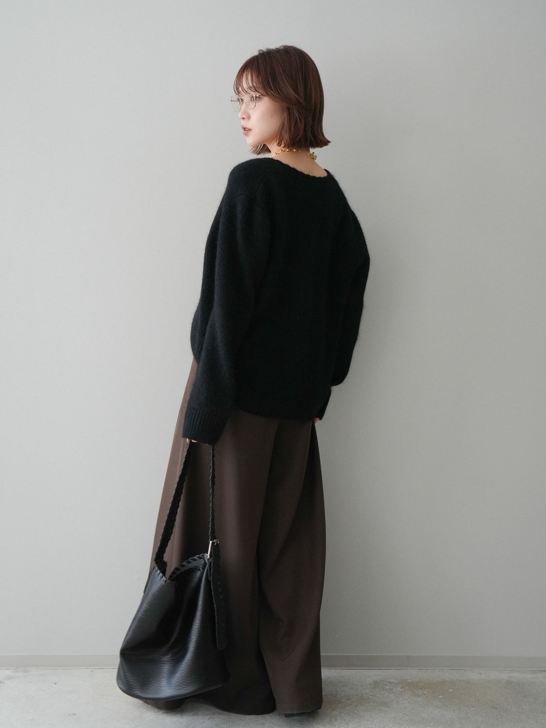 [SET]くるみボタンニットカーディガン+テープベルトタックバギーパンツ(2set)