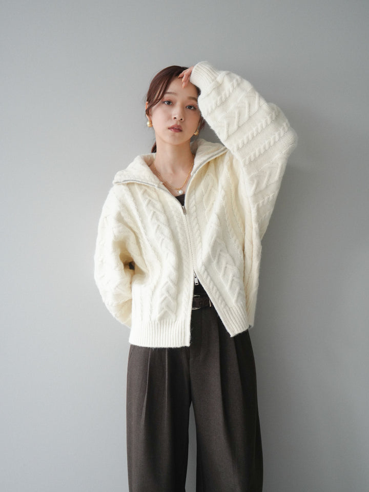 [SET]ケーブル編みハイネックZIPニットカーディガン+アニマル柄ベルト付きウールタッチワイドパンツ(2set)