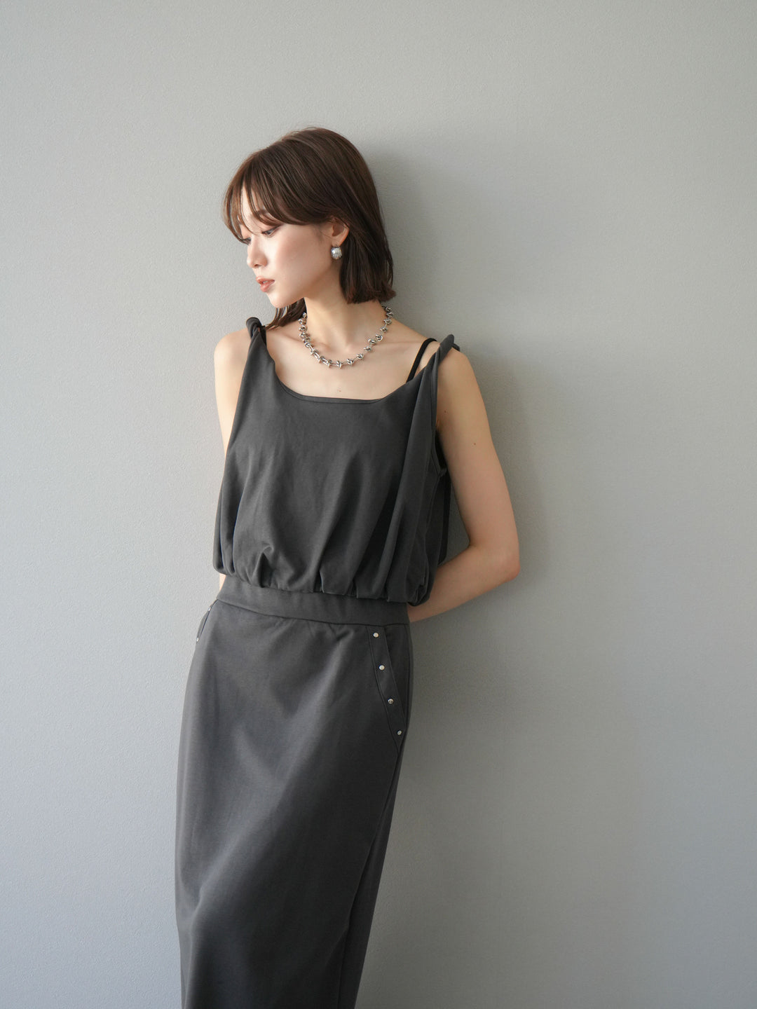 [SET]ミニ裏毛ツイストキャミバルーントップス＆Iラインスカート(2set)