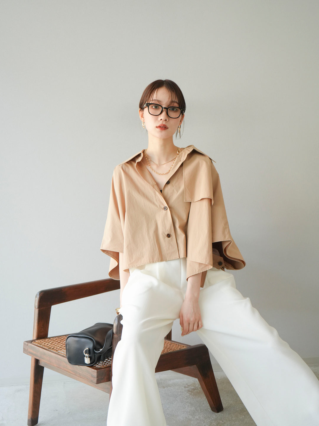 [SET]ポンチョショートシャツ+リネンライクイージーワイドパンツ(2set)