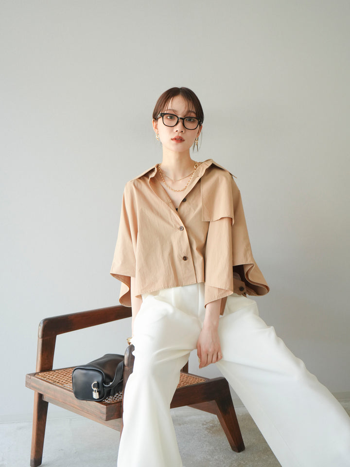 [SET]ポンチョショートシャツ+リネンライクイージーワイドパンツ(2set)
