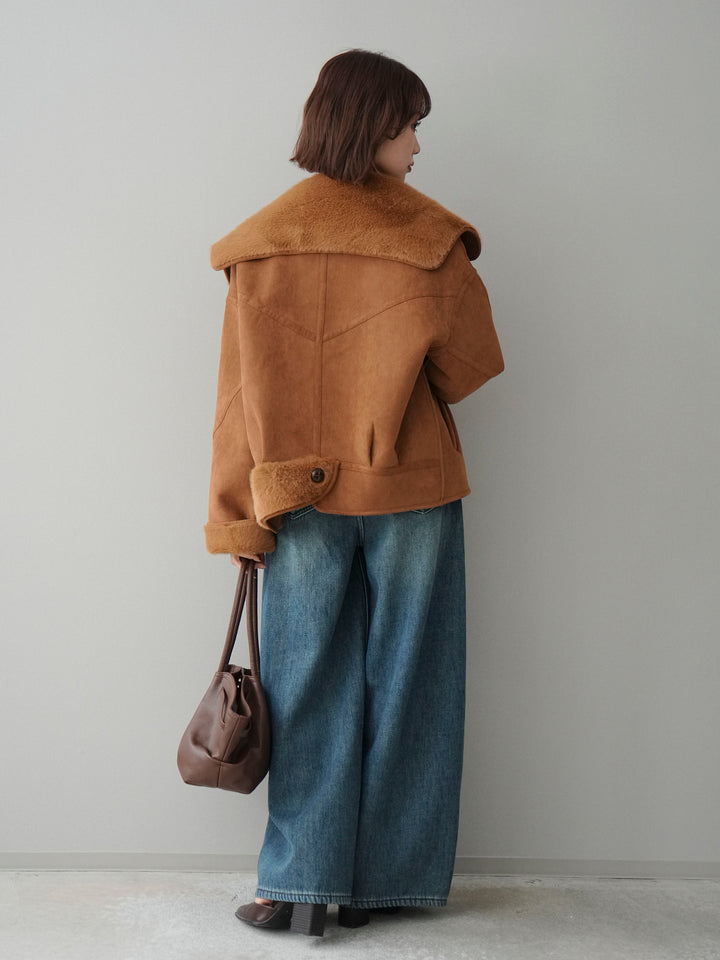 [SET]ムートンショートジャケット+ベルト付裏起毛カーブデニムパンツ(2set)