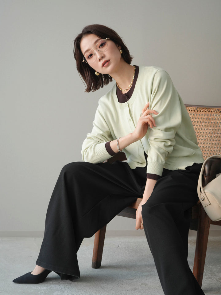 [予約]配色レイヤードコットンアクリルニットカーディガン/mint