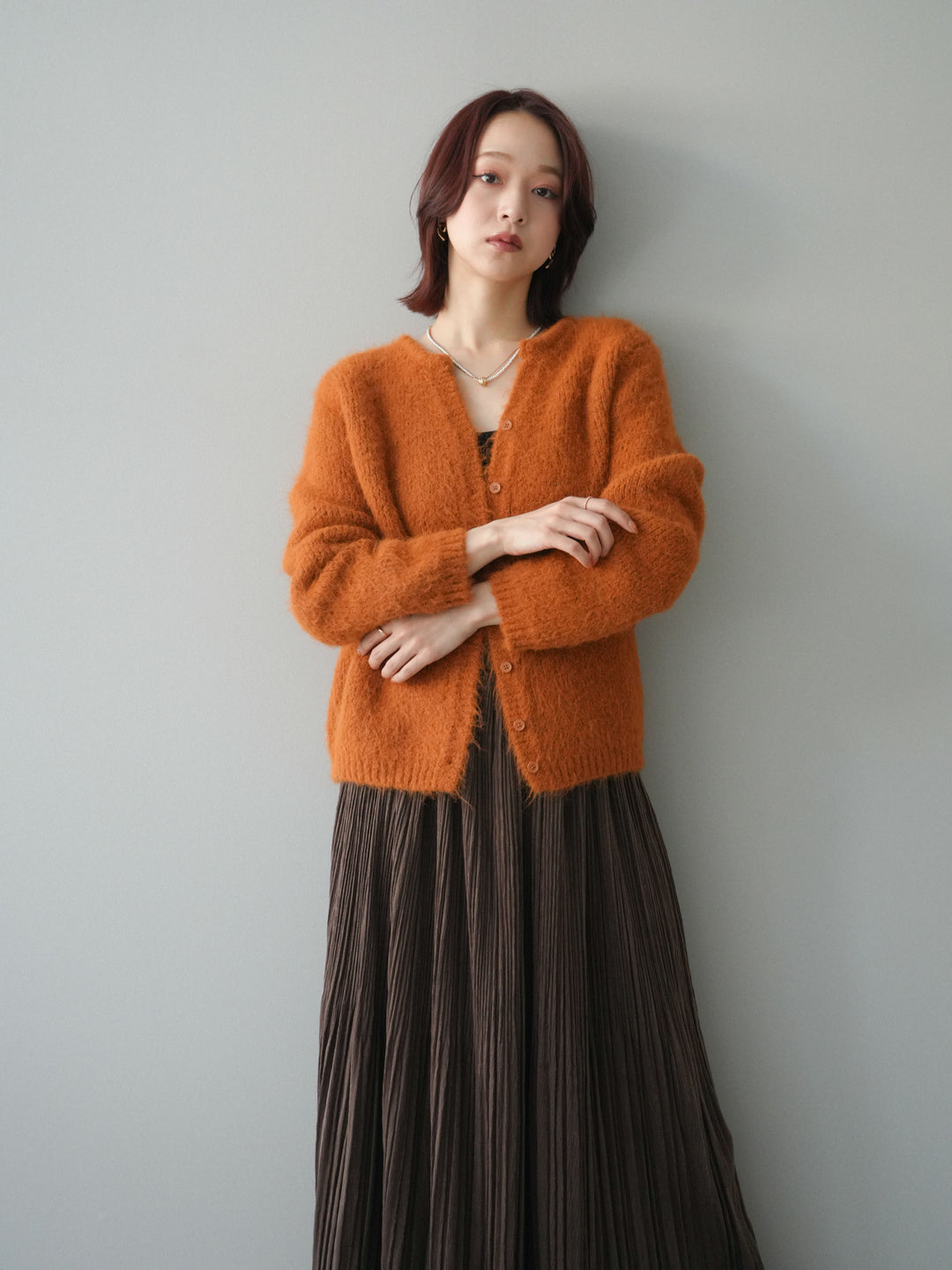 [予約]キーネックシャギーニットカーディガン/camel