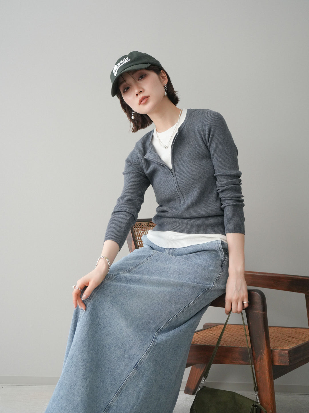 [予約]フロントジップ配色レイヤードニットトップス/gray