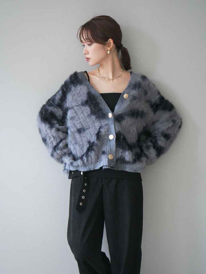 [SET]ニュアンス柄シャギーニットカーディガン+コーデュロイ巻きベルト付きパンツ(2set)