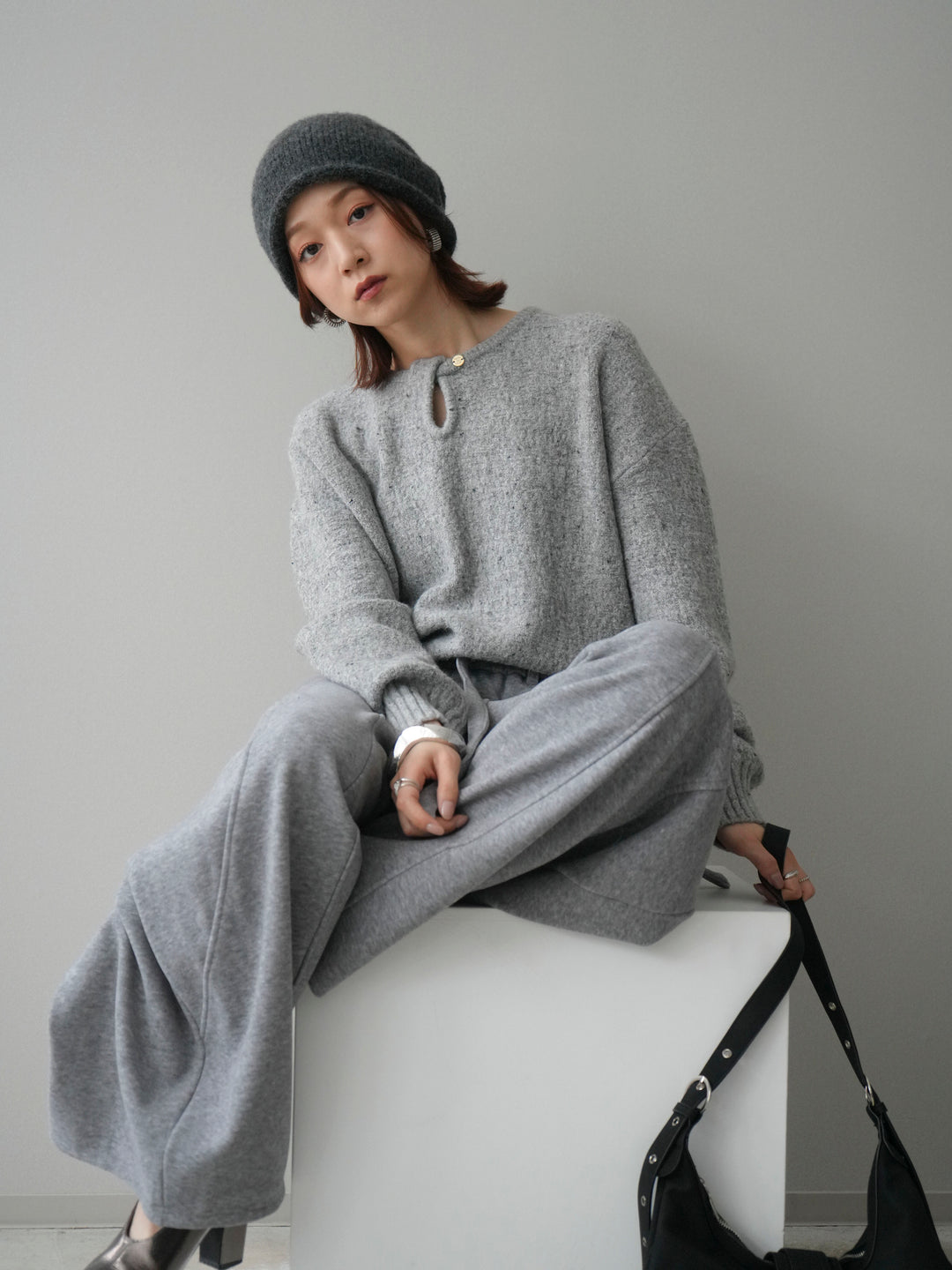 [予約]ツイストネックラメネップヤーンニットプルオーバー/gray