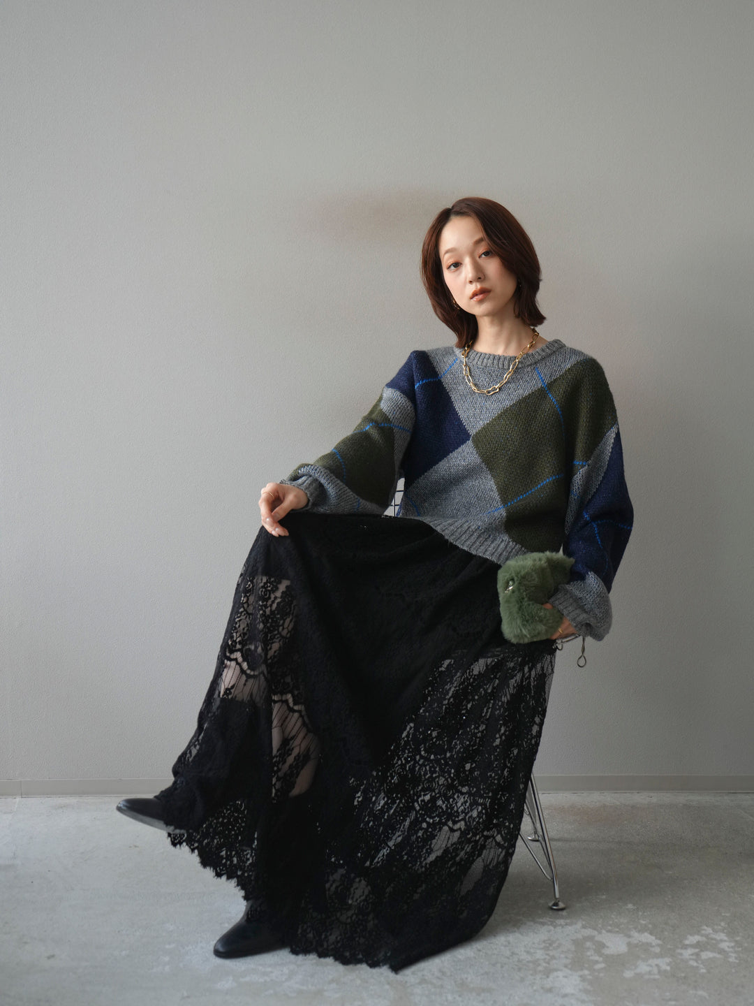 [SET]配色ステッチアーガイル柄ニットプルオーバー+ヴィンテージライクメッシュレーススカート(2set)
