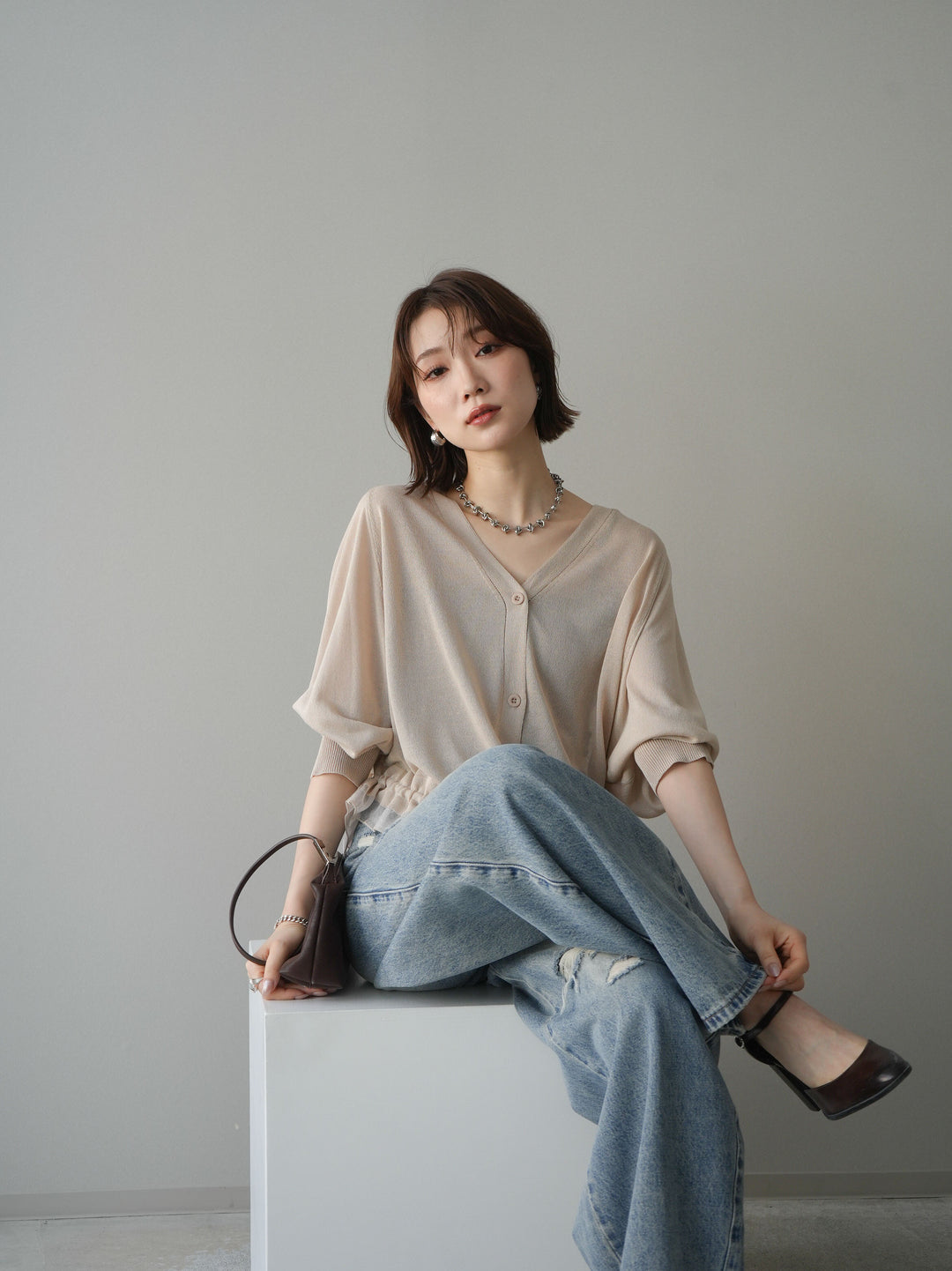 [予約]裾フリルラメシアーニットカーディガン/beige