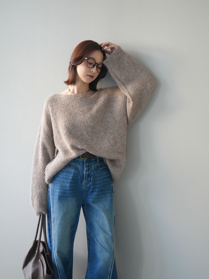 [SET]透かしデザインニットプルオーバー+サイドフリンジワイドデニムパンツ(2set)