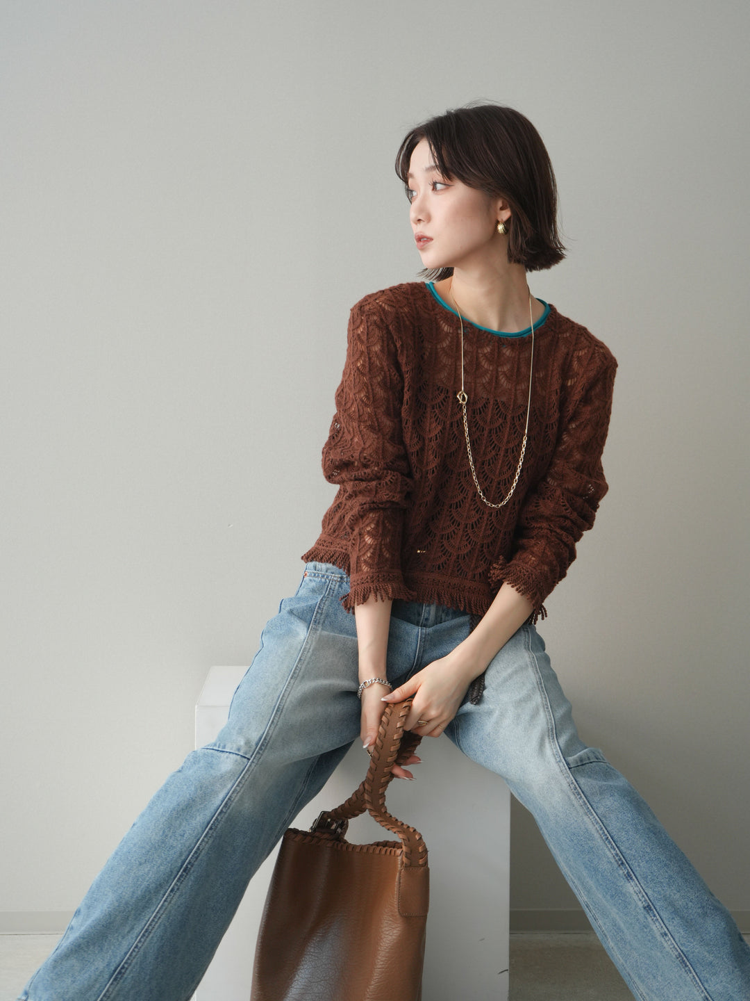 [予約]扇透かし編みクロップドニットプルオーバー/brown