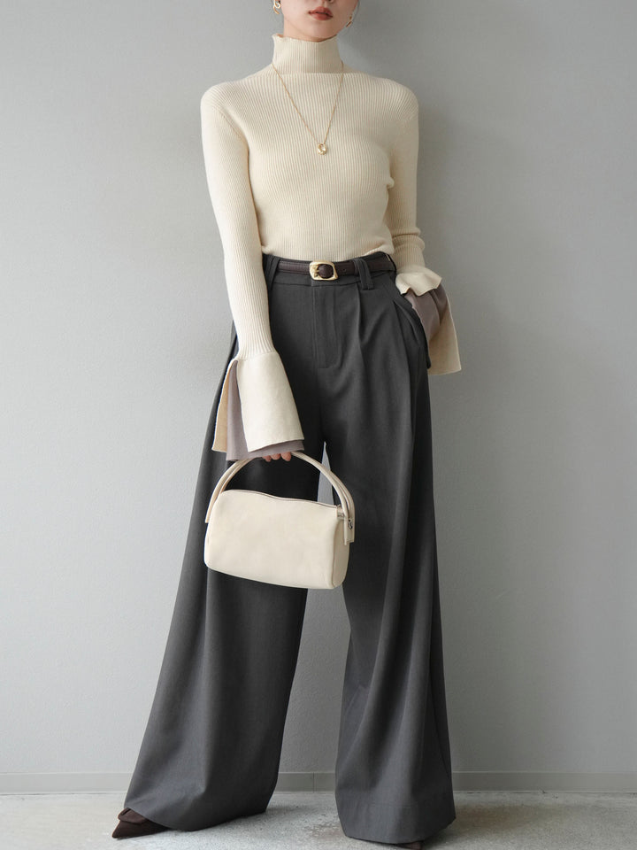 [SET] 疊層喇叭袖高領針織上衣 + 雙褶寬褲 (2 套)