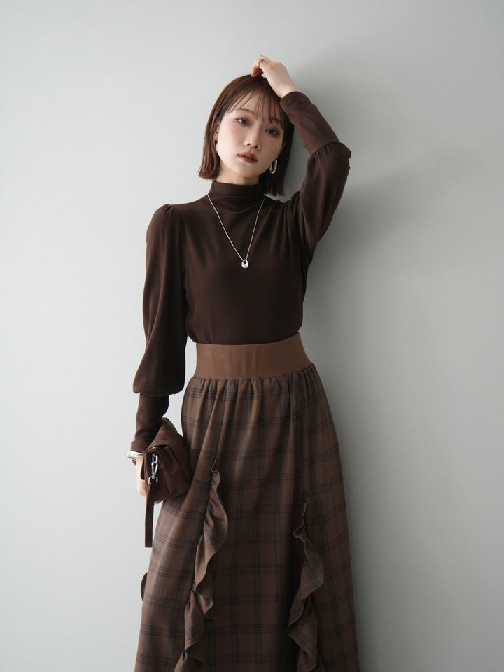 [予約]プチネックパワーショルダー起毛トップス/brown