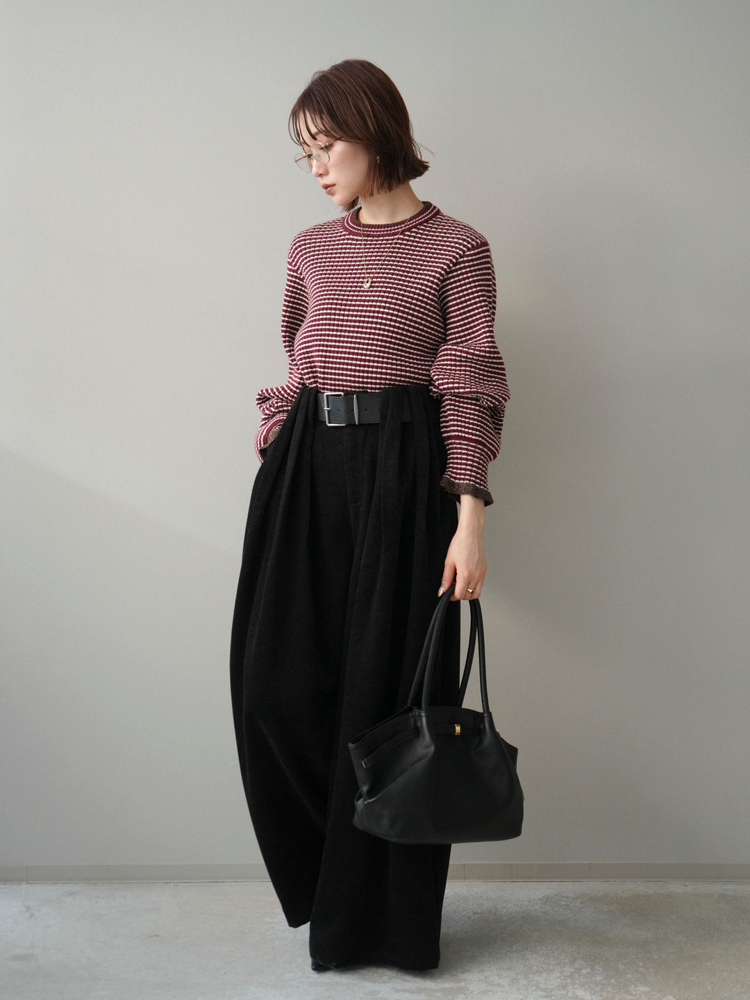 [予約]ラメ異素材ボーダーリブニットプルオーバー/bordeaux×brown