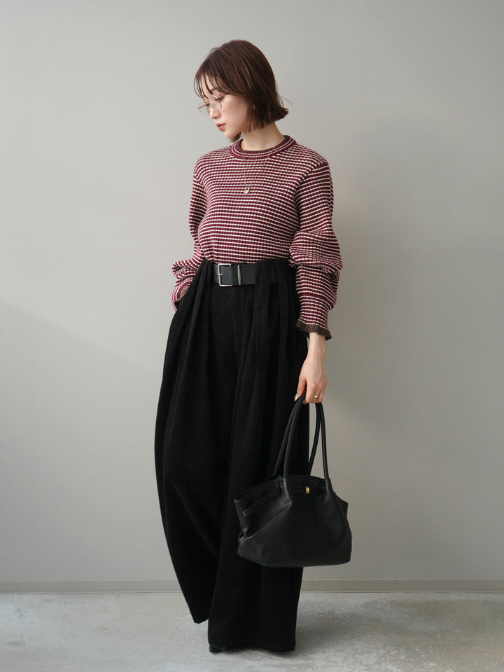 [予約]ラメ異素材ボーダーリブニットプルオーバー/bordeaux×brown