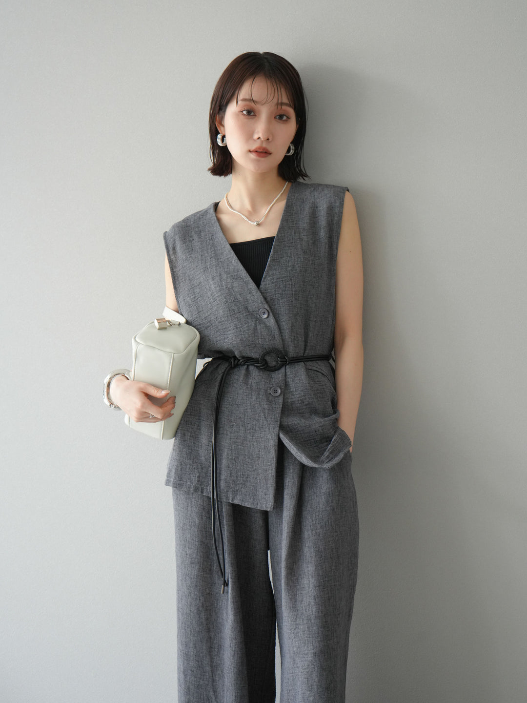 [SET]ベルト付リネンタッチベスト＆ワイドパンツSET UP(2set)