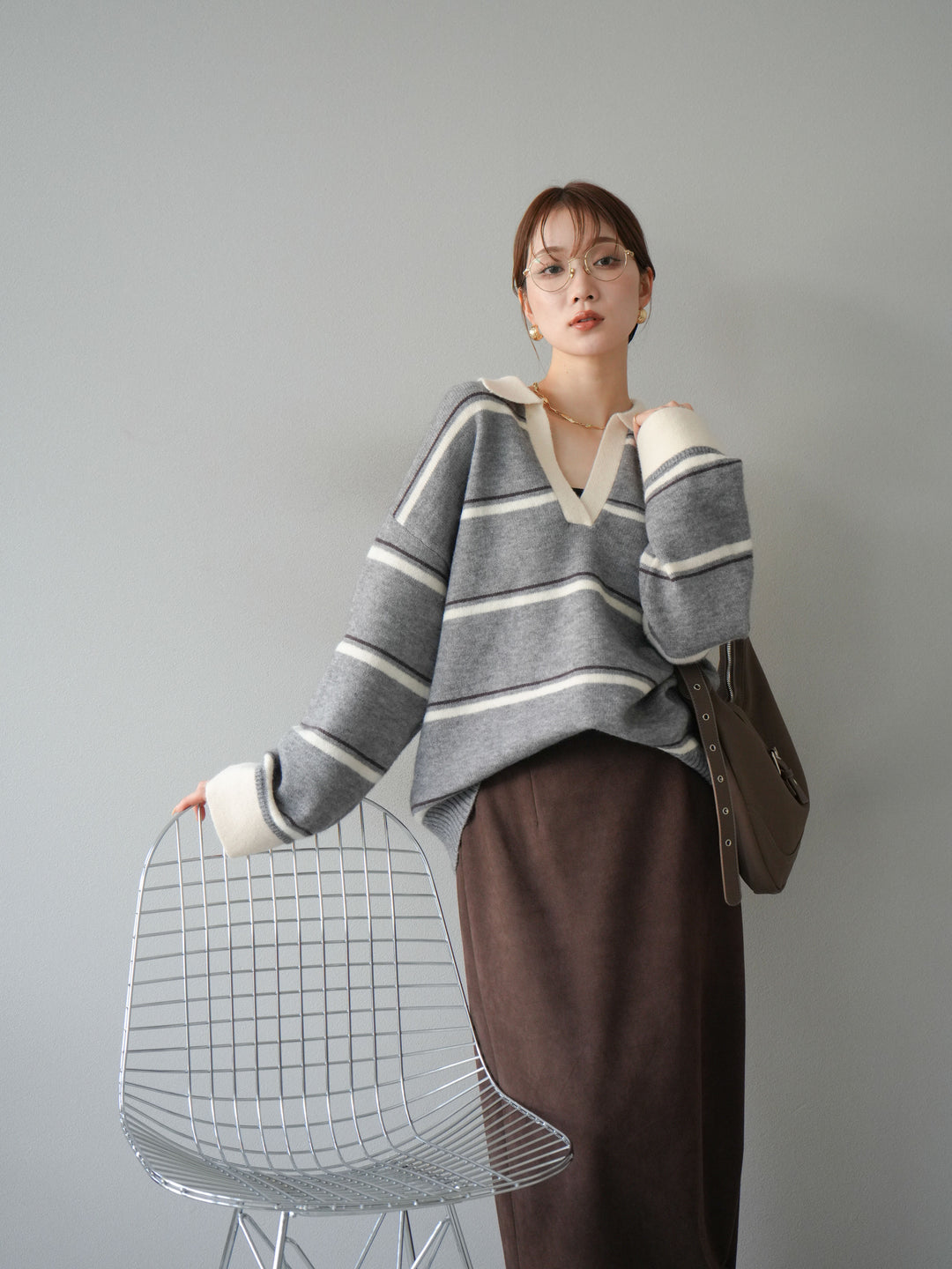 [SET]ポロ襟スキッパーボーダーニットプルオーバー+スウェードIラインスカート(2set)