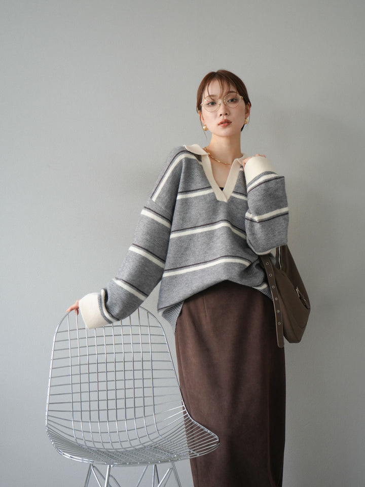 [SET]ポロ襟スキッパーボーダーニットプルオーバー+スウェードIラインスカート(2set)