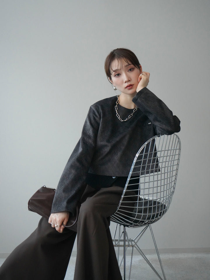 [予約]リブニットレイヤードスエードプルオーバー/charcoal