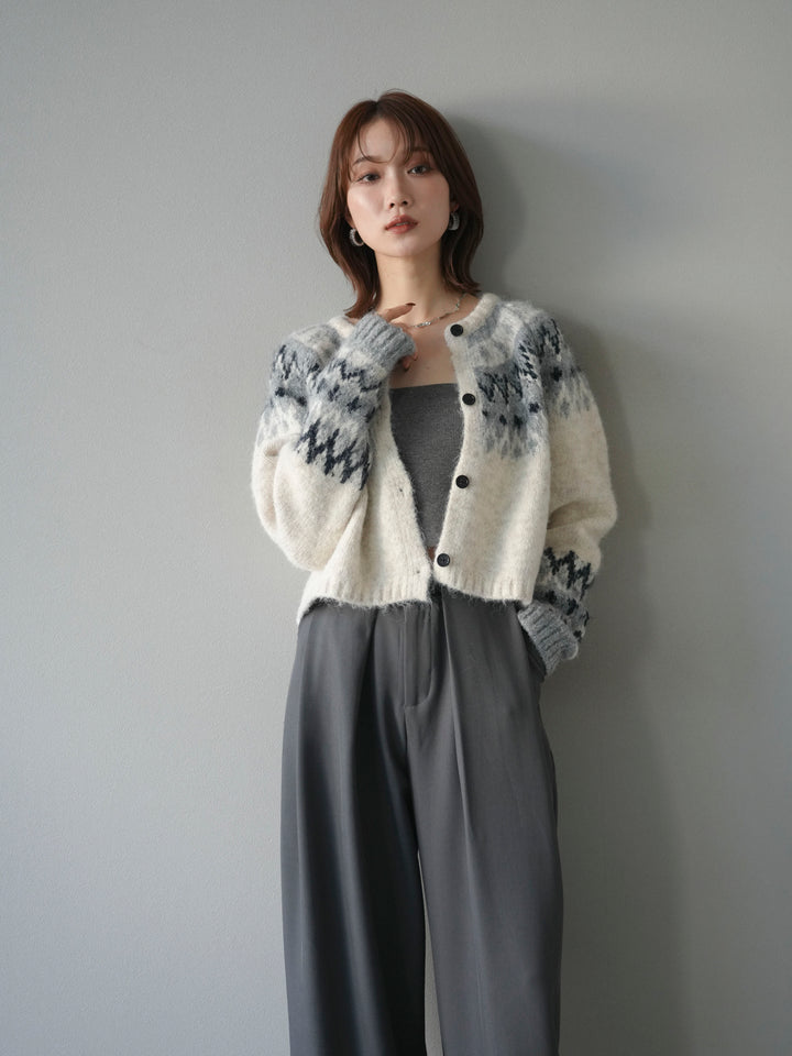 【着回しセット】[SET]求心柄クロップドニットカーディガン+異素材ミックスヤーンニットプルオーバー+ベルトループデザインワイドパンツ(3set)