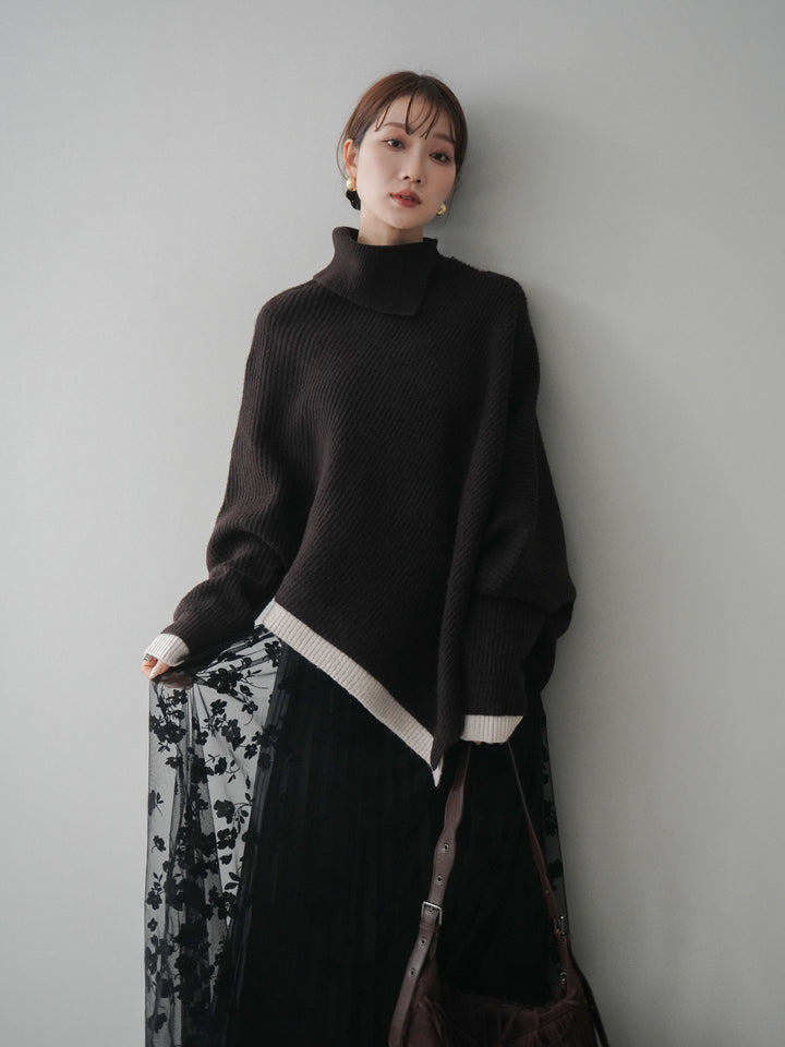 [予約]配色アシンメトリードルマンニットプルオーバー/brown