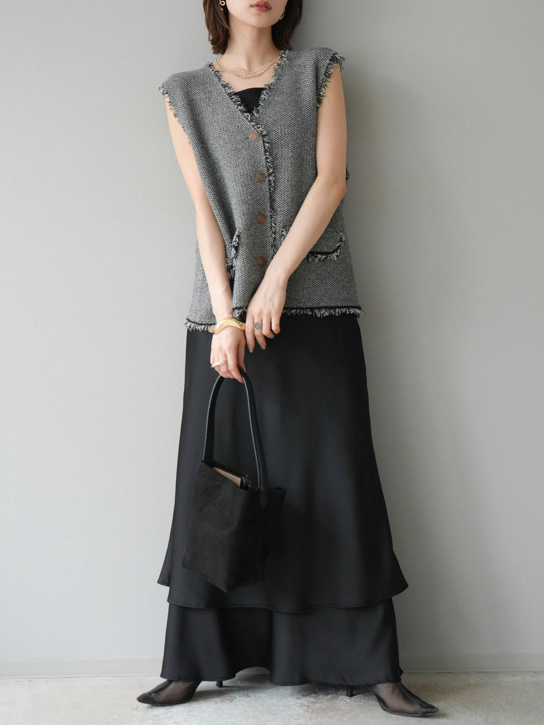 [予約]ツイードライクフリンジニットベスト/ブラック
