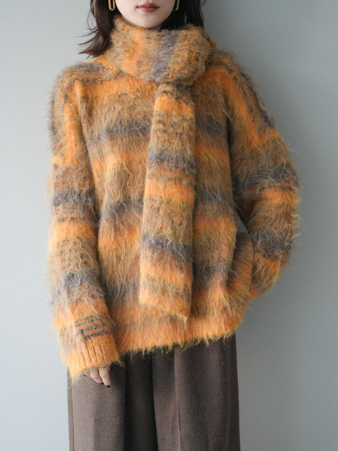 [予約]ストール付シャギーマルチボーダーニットプルオーバー/yellow