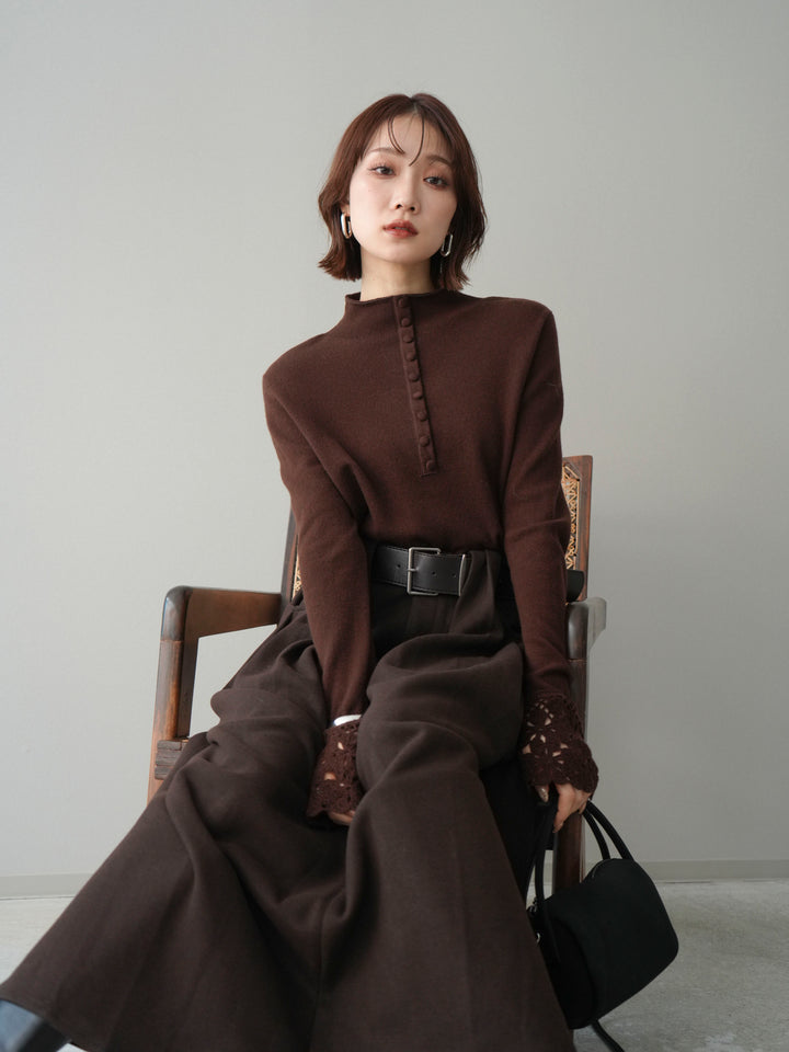 [予約]袖スカラップレースフロントボタンウールニットトップス/brown