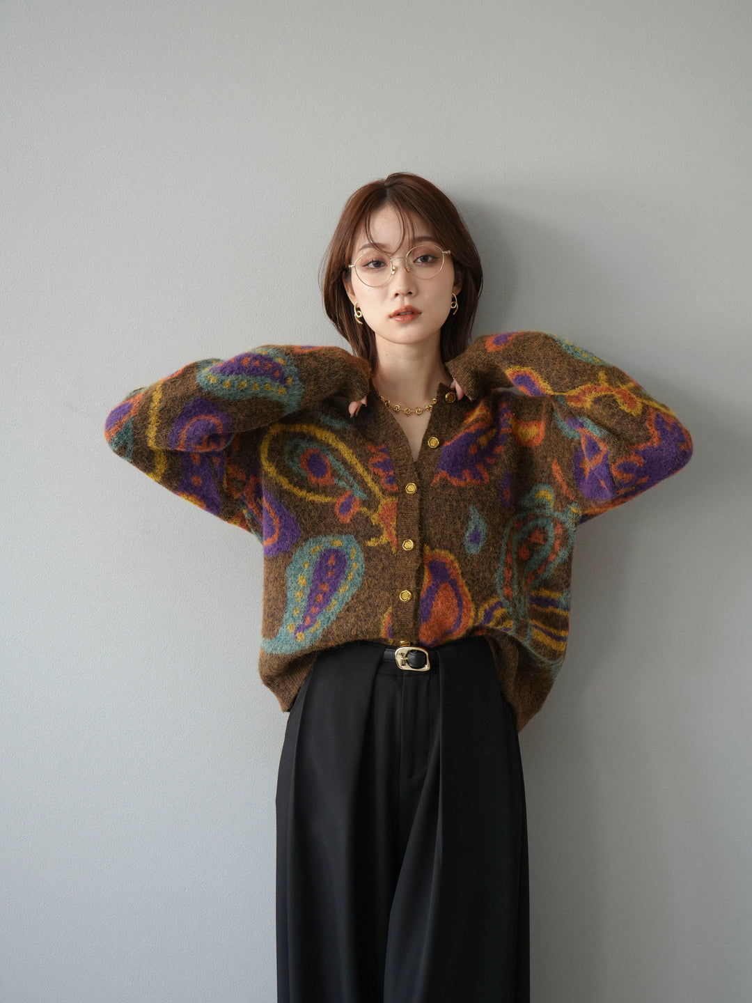 [予約]ミックスヤーンペイズリー柄ニットカーディガン/ブラウン