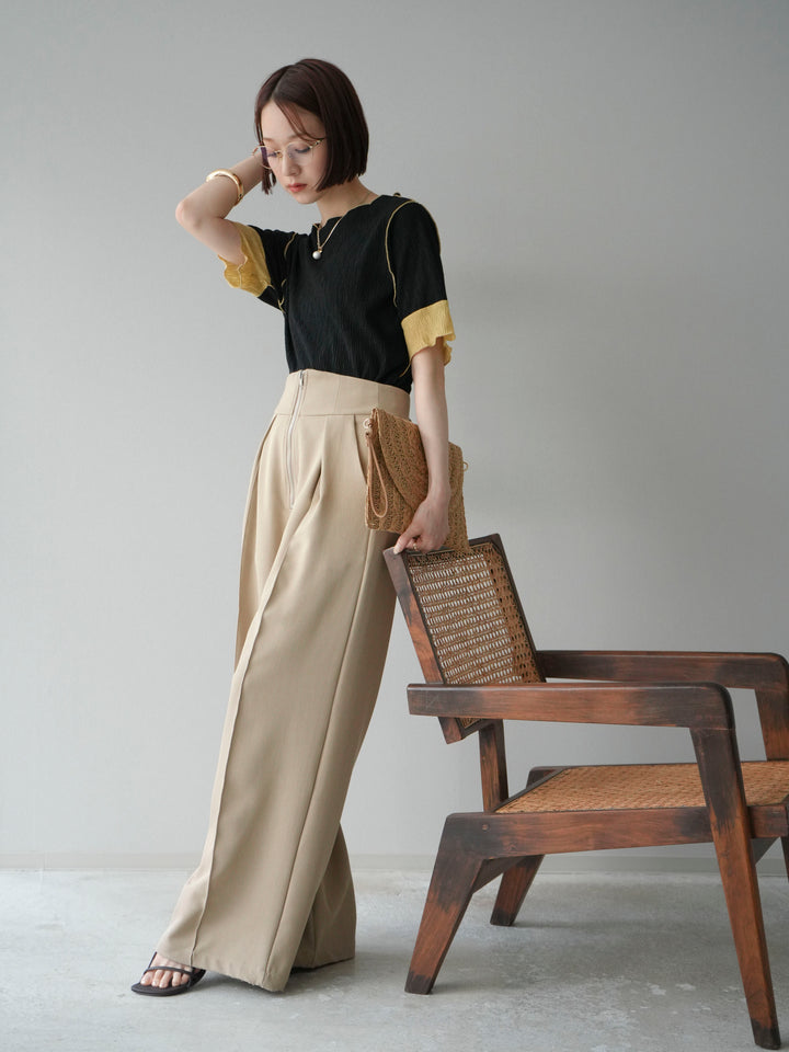 [SET] 百褶同色船領套頭衫 + 拉鍊褶襉寬褲 (2 套)