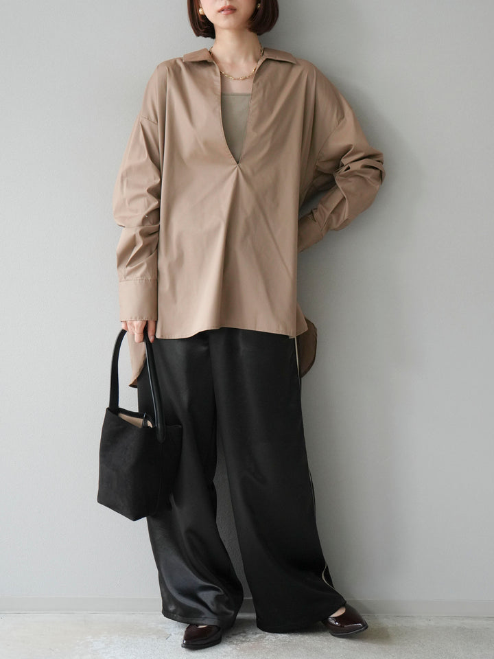 [予約]サテンラインワイドパンツ/ブラック