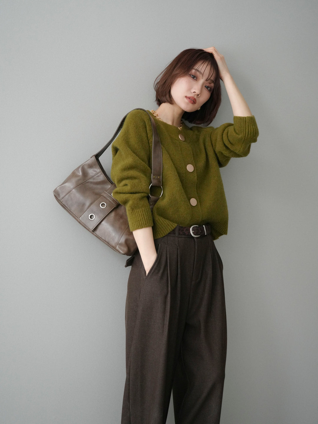 [SET]BIGボタンニットカーディガン+アニマル柄ベルト付きウールタッチワイドパンツ(2set)