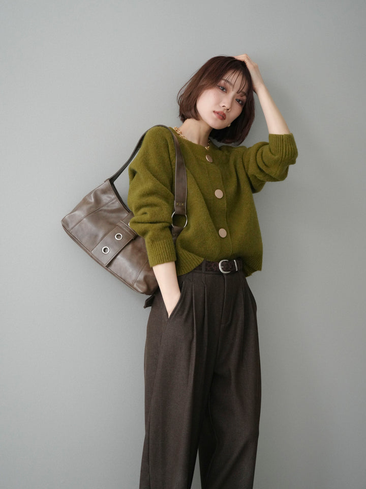 [SET]BIGボタンニットカーディガン+アニマル柄ベルト付きウールタッチワイドパンツ(2set)