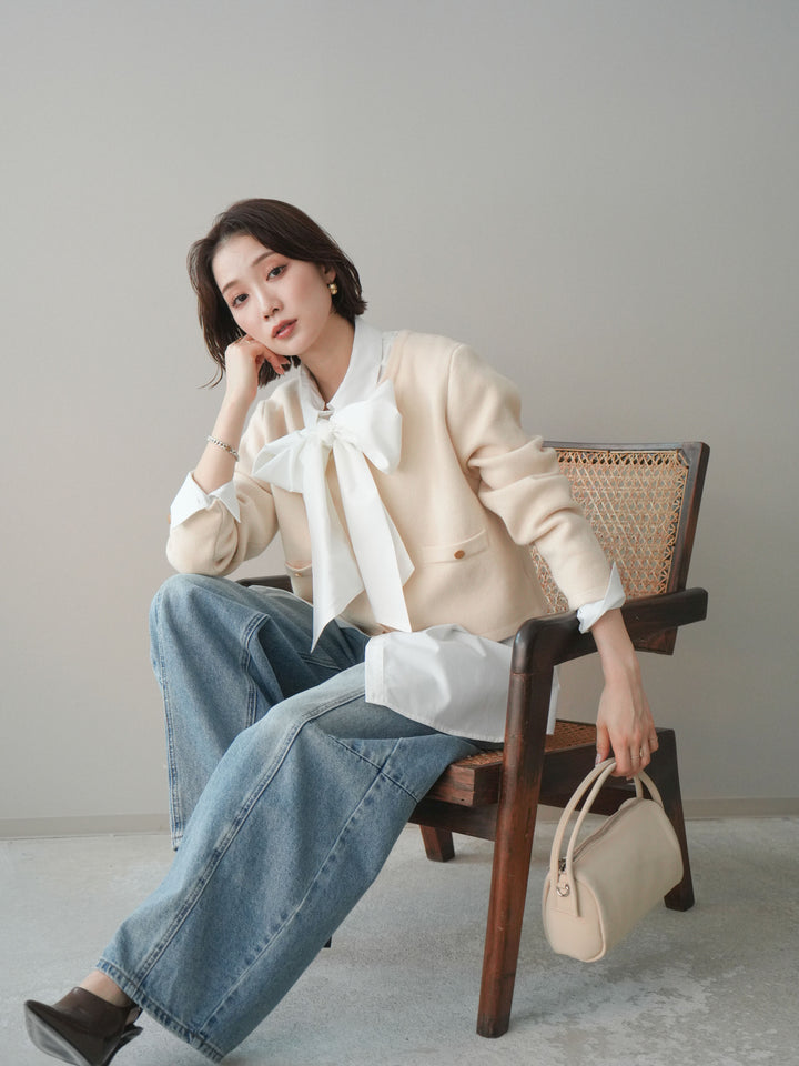 [SET]ゴールドボタンノーカラーニットジャケット+ボウタイ付オーバーシャツ+ガーメントウォッシュカーブデニムパンツ(3set)