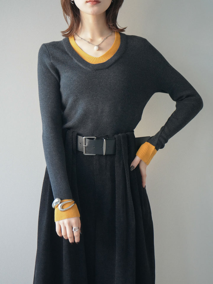 [予約]Uネック配色レイヤードリブニットトップス/charcoal