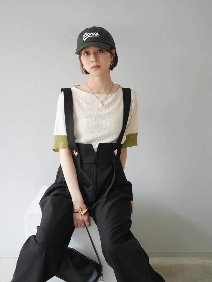 [SET]プリーツ配色ボートネックプルオーバー+ゴールドボタンサスペンダーワイドパンツ(2set)