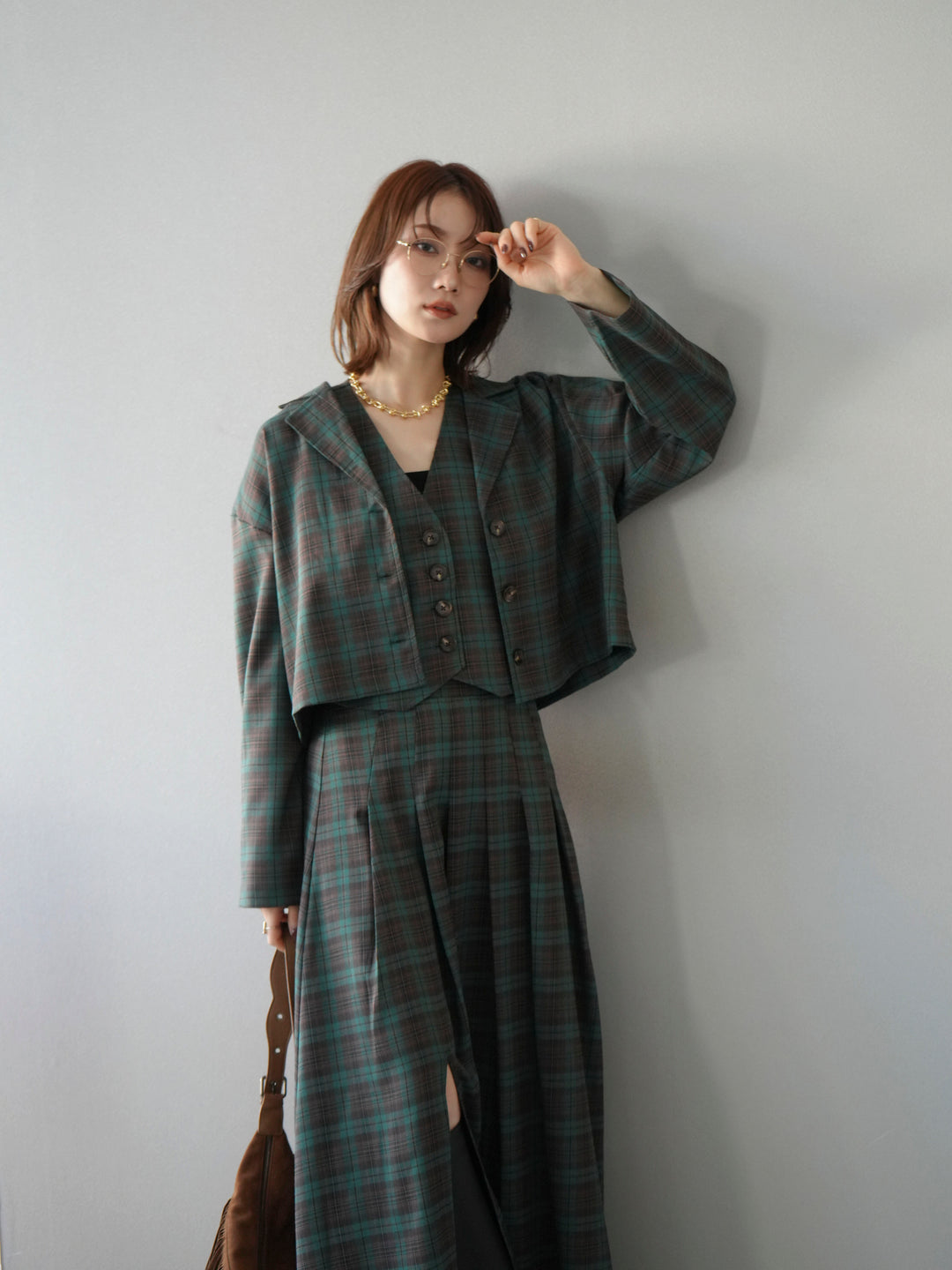 [SET]チェック柄ショートジャケット+チェック柄ベスト+チェック柄タックフレアスカート(3set)