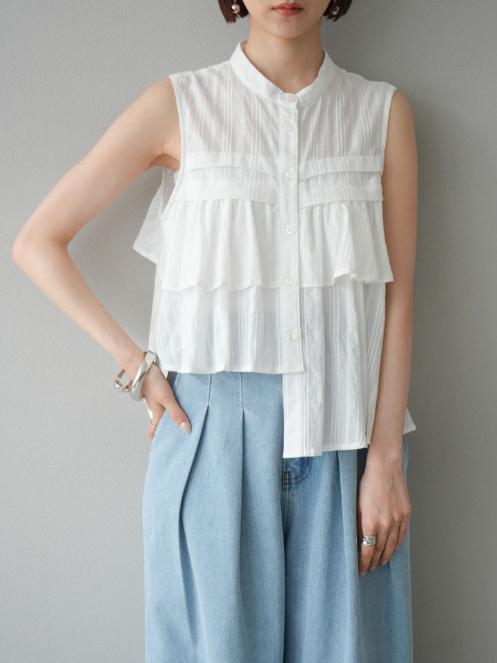 [予約]ドビーストライプアシンメトリーフリルノースリブラウス/ホワイト