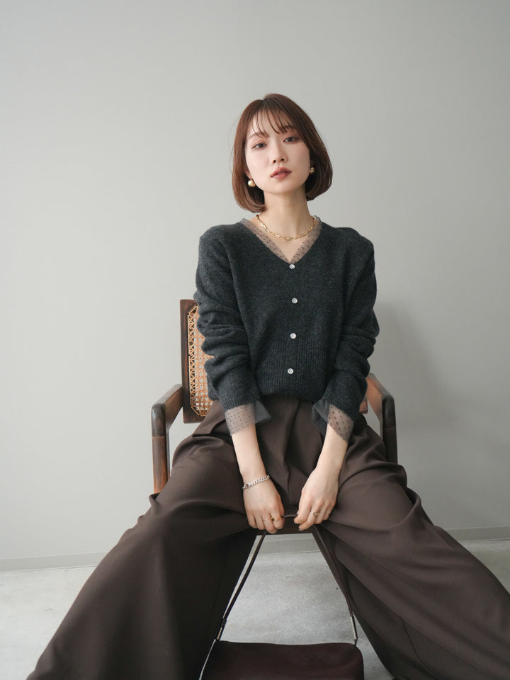 [SET]ドットチュールレイヤードボタンニットトップス+テープベルトタックバギーパンツ(2set)