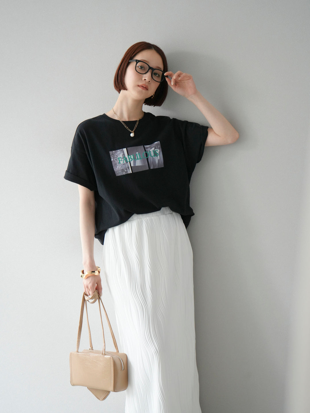 [SET]ネオンロゴコラージュフォトプリントオーバーTシャツ+ウェーブパイピングタイトスカート(2set)