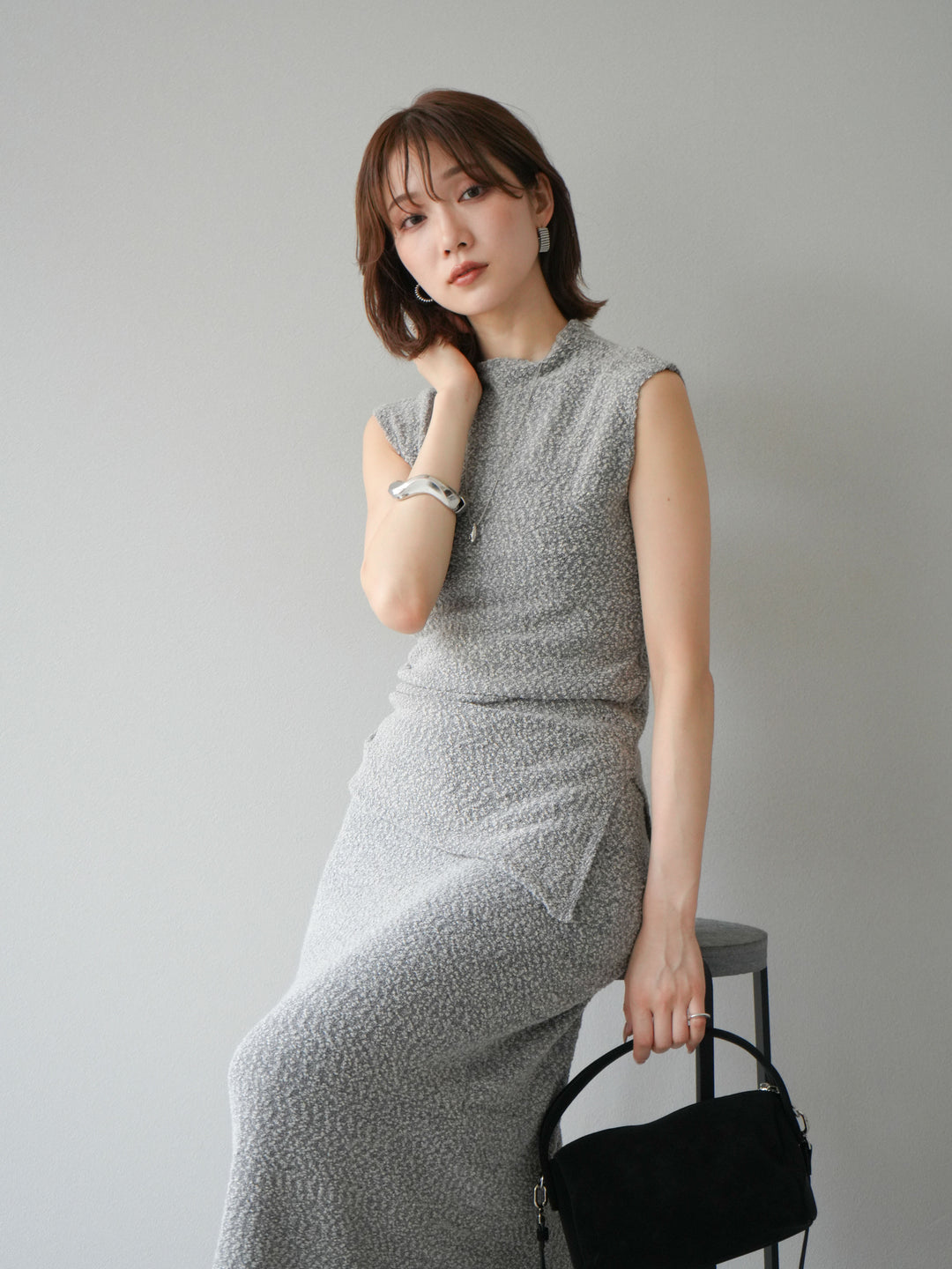 [套裝] 珠地佈針織無袖上衣 + 珠地佈針織I字裙 (2套)