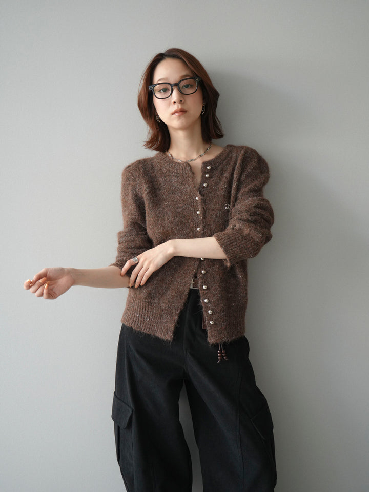 [SET]ブローチ付silverボタンミックスニットカーディガン+選べるアクセセット(2set)