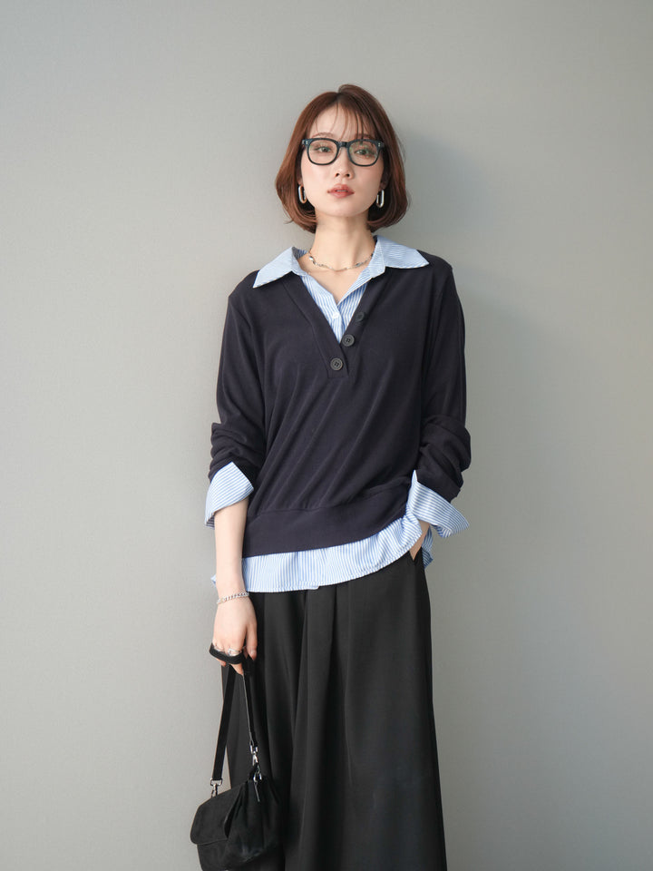 [予約]シャツレイヤードデザインカットプルオーバー/navy